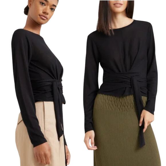 Modern Citizen Stevie Wrap Black Tie Waist Long Sleeve Top S Minimalist Luxury - Picture 2 of 10